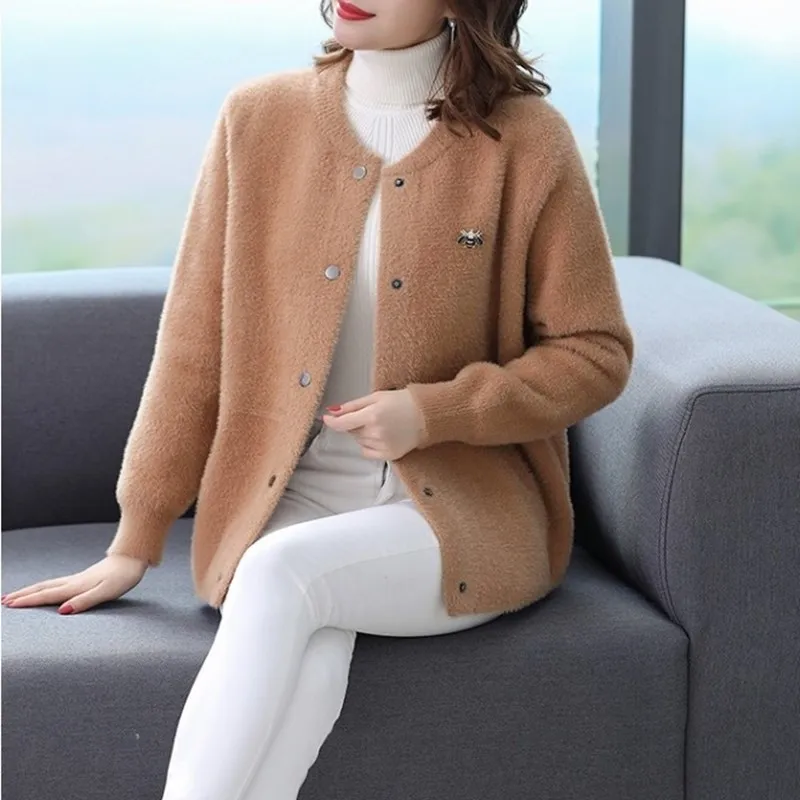 British Style Pure Color Knitted Cardigan Jacket Women Fall/Winter Loose Imitation Mink Fleece Sweater Short Coat Lady Clothing