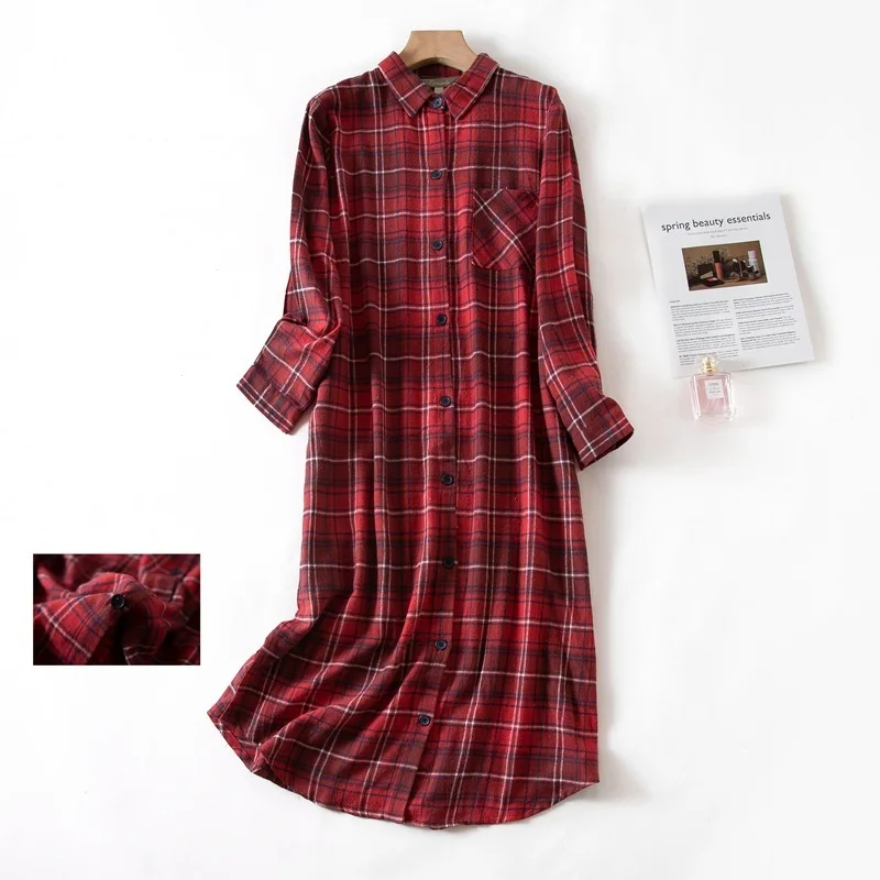 Autumn and Winter Long Checkered Nightdress Cotton Cardigan Home Loose Pijamas Ladies Home Sexy Nightwear Red Sleep Shirts