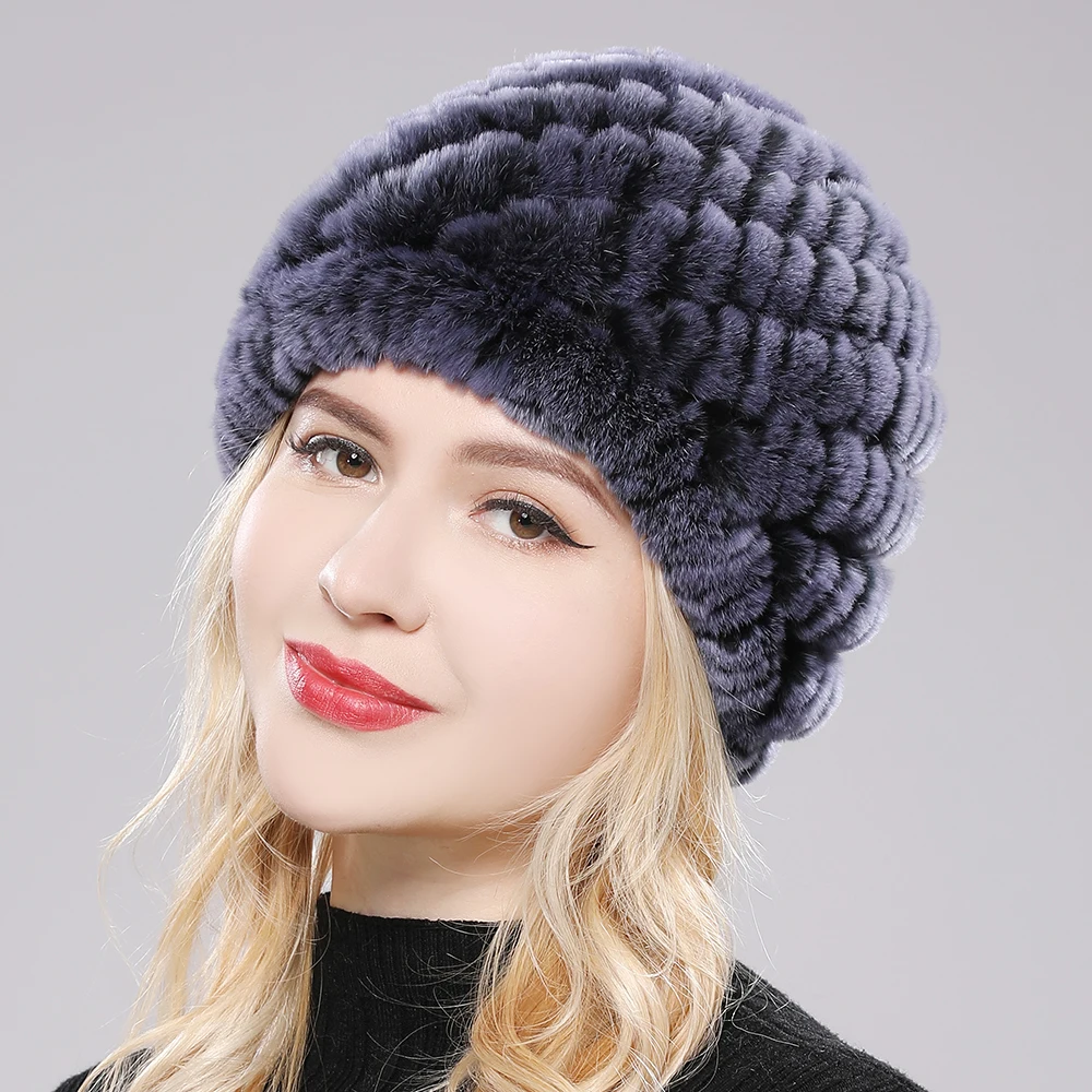 Chapeau en fourrure de lapin Rex véritable pour femme, bonnet de neige, crânes en tricot, bonnets moelleux, naturel, chaud, hiver