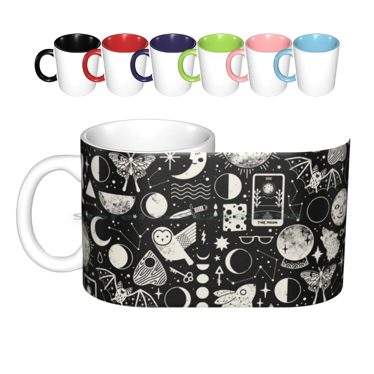 Lunar Pattern : Ceramic Mugs Coffee Cups Milk Tea Mug Moon Lunar Luna Stars Rabbit Moth Wolf Tarot Bat Ouija Spooky Witch