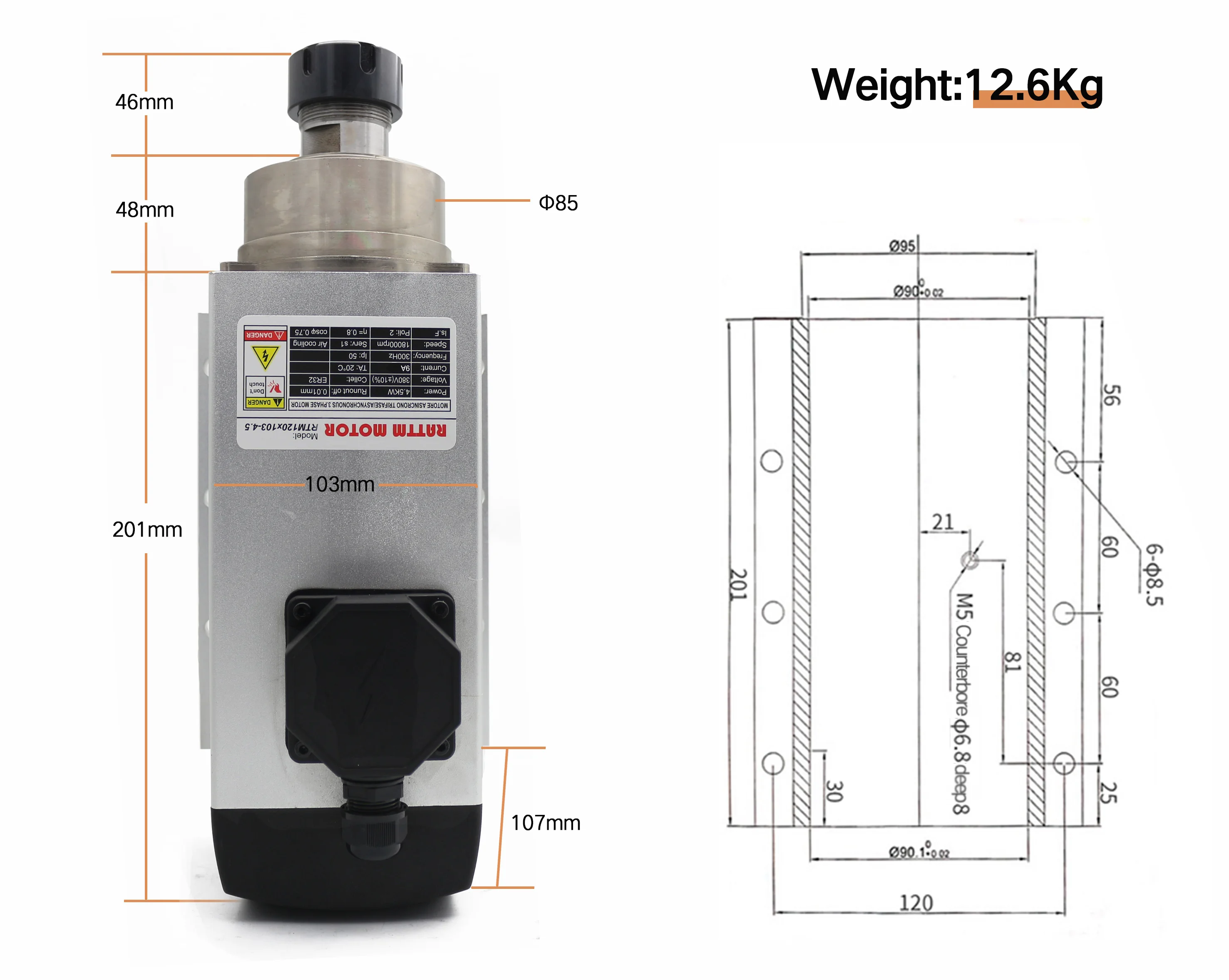 CNC Air cooled spindle motor 4.5KW ER32 380V Runout-off 0.01mm 4 bearing for Engraving milling grind