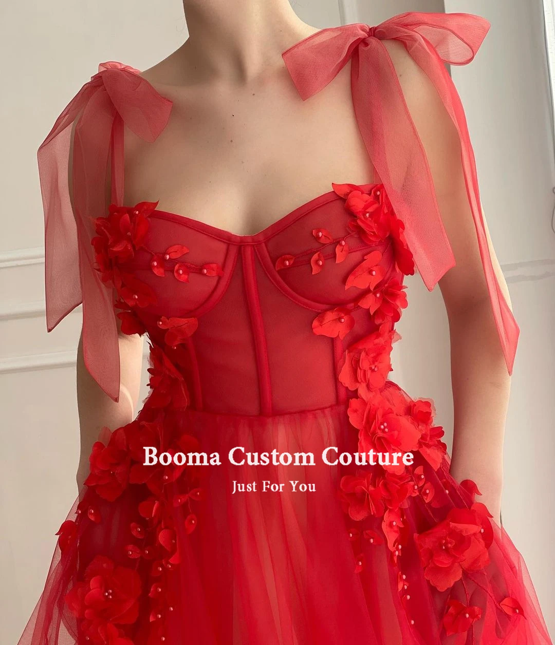 Booma Red Sweetheart Prom Dresses 2022 Flowers A-Line Tulle Prom Gowns with Pockets Tied Bow Straps Long Wedding Party Dresses