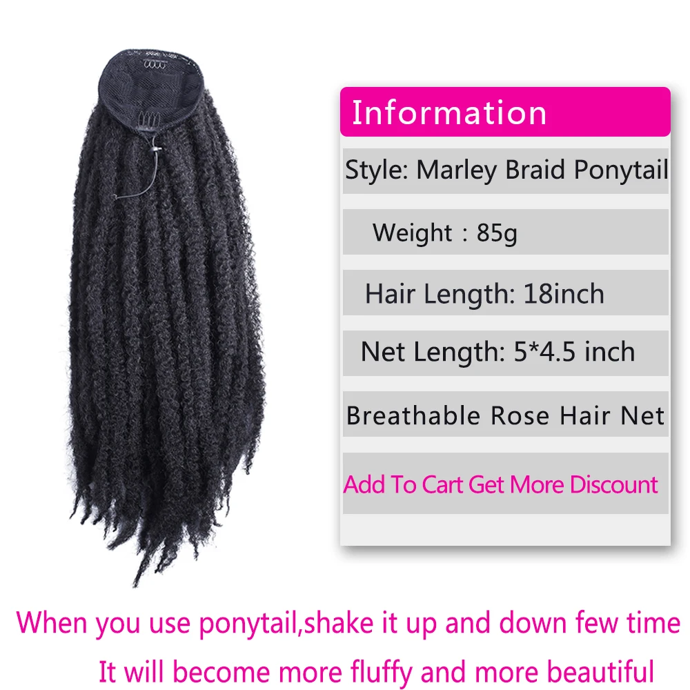 18 polegada longo afro kinky encaracolado cordão rabo de cavalo peruca crochê marley tranças torção peruca clipe sintético em extensões de cabelo