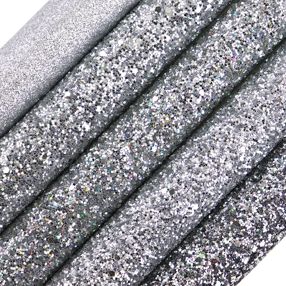 30X134cm Roll Silver Plain Dyed Chunky Glittter Fabric Fine Glitter Fabric Leather For Bows Earring Home Decoration DT007