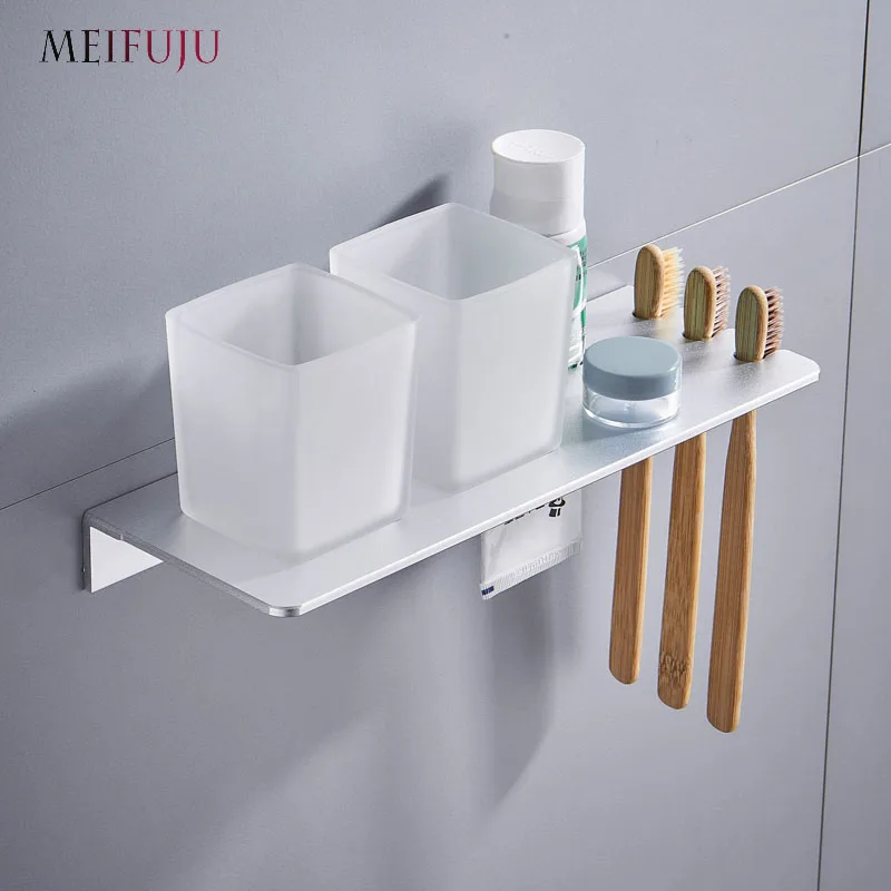 Silver Double toothbrush holder with Tooth Holder Aluminum Black Tumbler & cup holder wall mounted bath product Toothpaste Rack