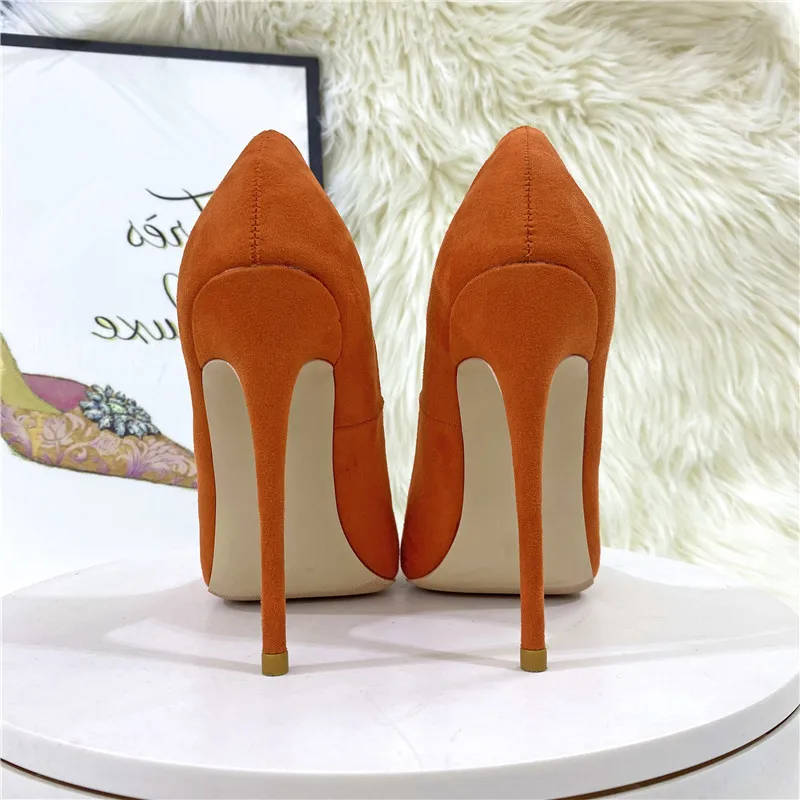 Ke Shang Jia Orange Roes Patchwork Women Flock Pointy Toe 8-12cm High Heel Shoes Faux Suede Elegant Stiletto Pumps Size33-46