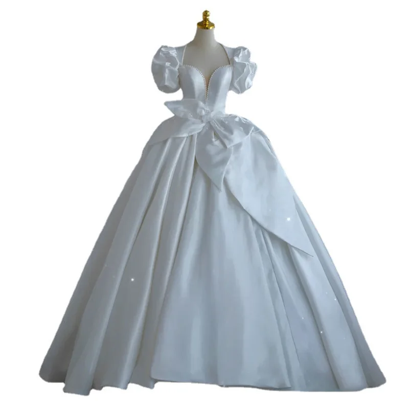 Abiti da sposa da sera lunghi da sera con scollo a v lungo in raso bianco francese di lusso da donna Vestido de Festa