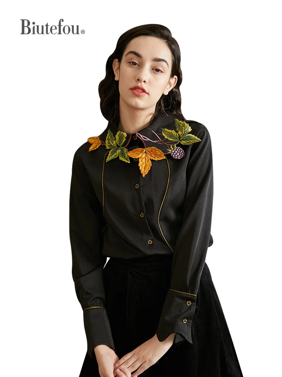 Leaf Berry Shaped Embroidered Shirt for Women, Original Design, Spring and Autumn