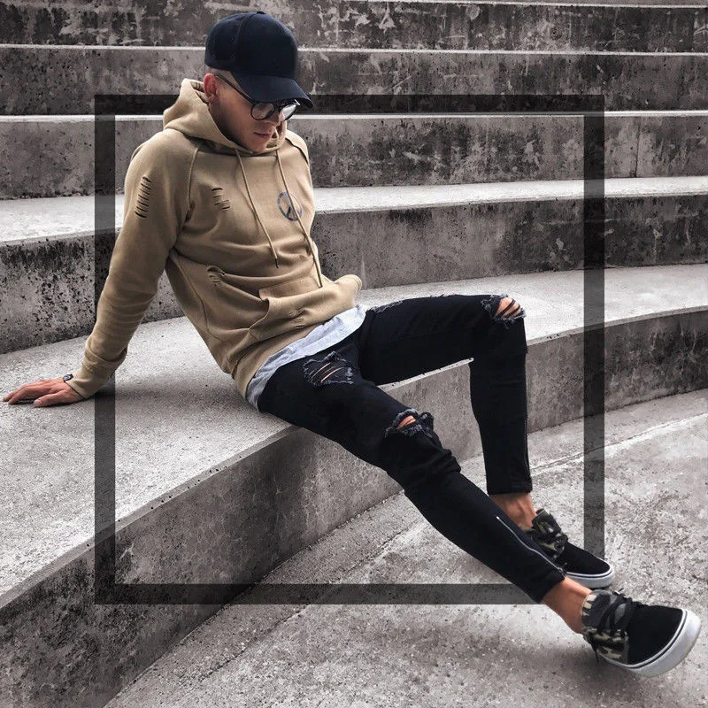 Man Black Ripped Jeans Casual Skinny Destroyed Frayed Hop Hop Zipper Denim Pants Men Fashion Stretch High Waist Jeans
