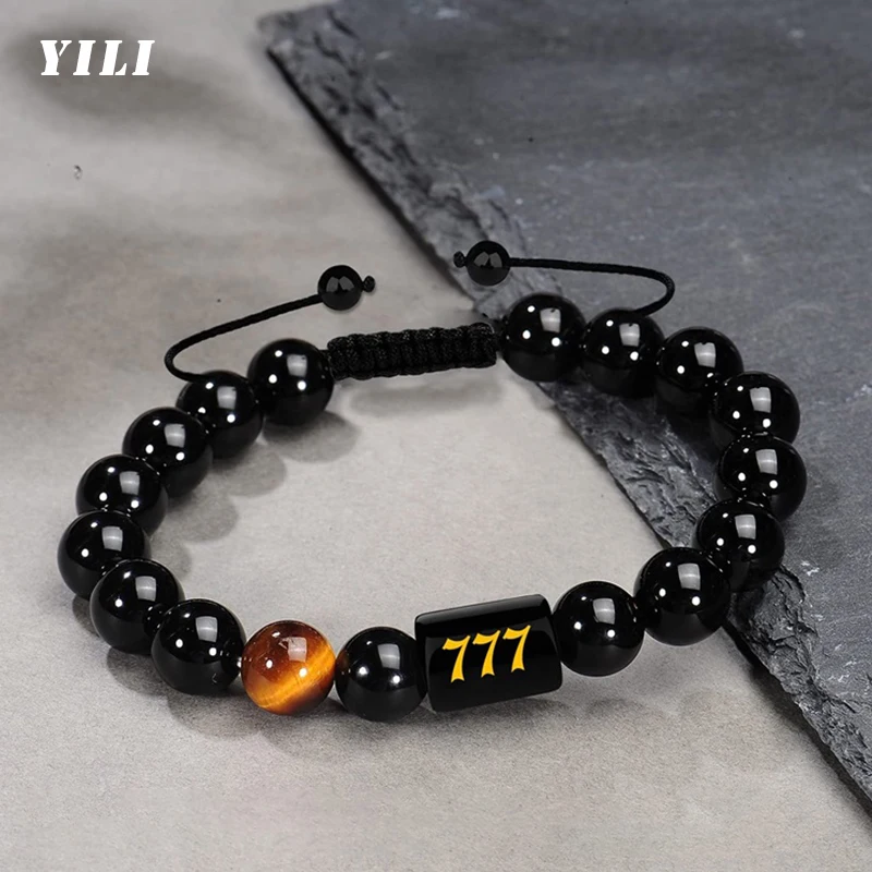 10mm Obsidian Tiger Eye Stone Beads Bracelet Fashion 111-999 Number Bracelet for Men Women Adjustable Braided Rope Bracelet