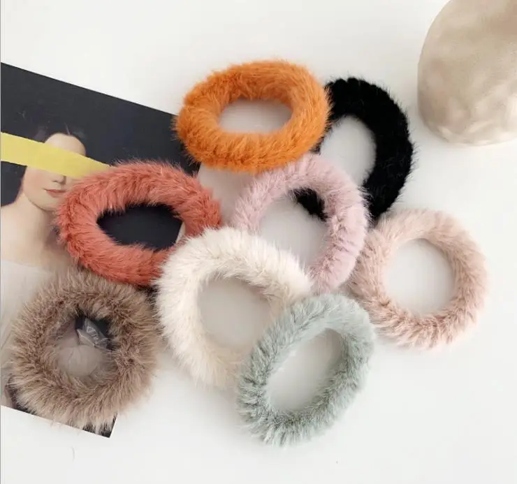 Hot Faux Fur Pom Poms Hair Scrunchies Elastic Hair Bands Solid Artificial Rabbit Hair Ties Girls Hair Accessories