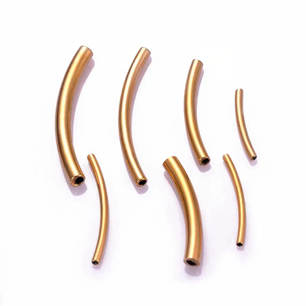 wholesale 10pcs stainless steel Gold Smooth Long Curved Noodle Tube Spacer Beads Connector for DIY 2 Holes Jewelry Making