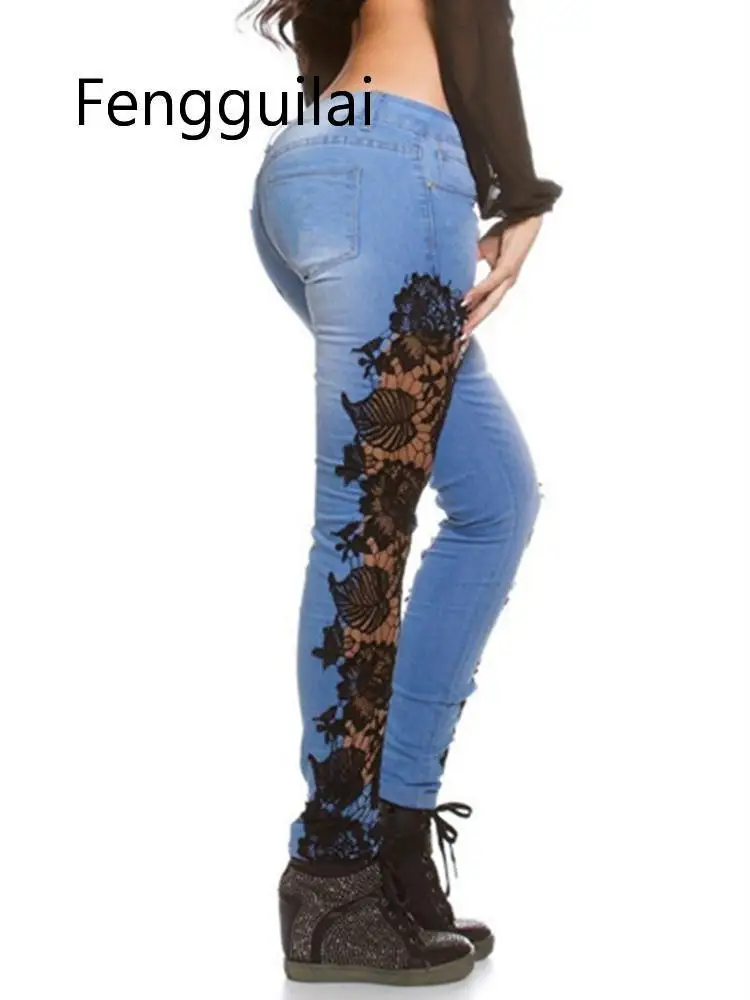 2020 Autumn Women Elegant Sexy Denim Pencil Skinny Jeans Female Fashion  3XL XXXL Lace Floral Crochet Hollow-Out Jeans