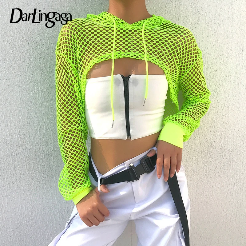 Darlingaga Streetwear Neon Green Mesh Fishnet Top Women Tshirt Perspective Smock Long Sleeve Women\'s T-shirts Sexy Cropped Shirt