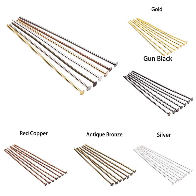 100-200pcs/Lot 15-70mm Gold/Copper/Rhodium Headpins Flat Head Pins For Jewelry Making Findings Accessories Supplies Wholesale