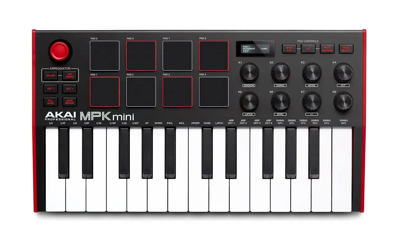 AKAI المهنية MPK Mini MK3 - 25 مفتاح USB ميدي وحدة تحكم بلوحة مفاتيح مع 8 منصات طبل الخلفية ، 8 المقابض إنتاج الموسيقى البيانو