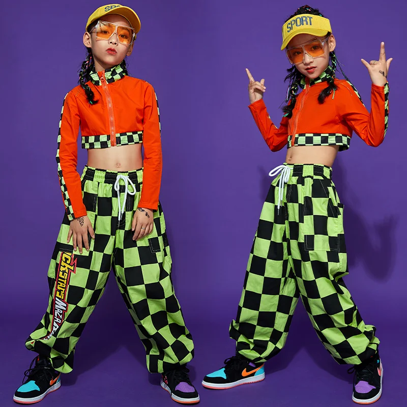

Girls Jazz Dance Costumes Children Hip Hop Street Dance Clothing Girls Dance Wear Crop Orange Top Green Plaid Pants XS1514