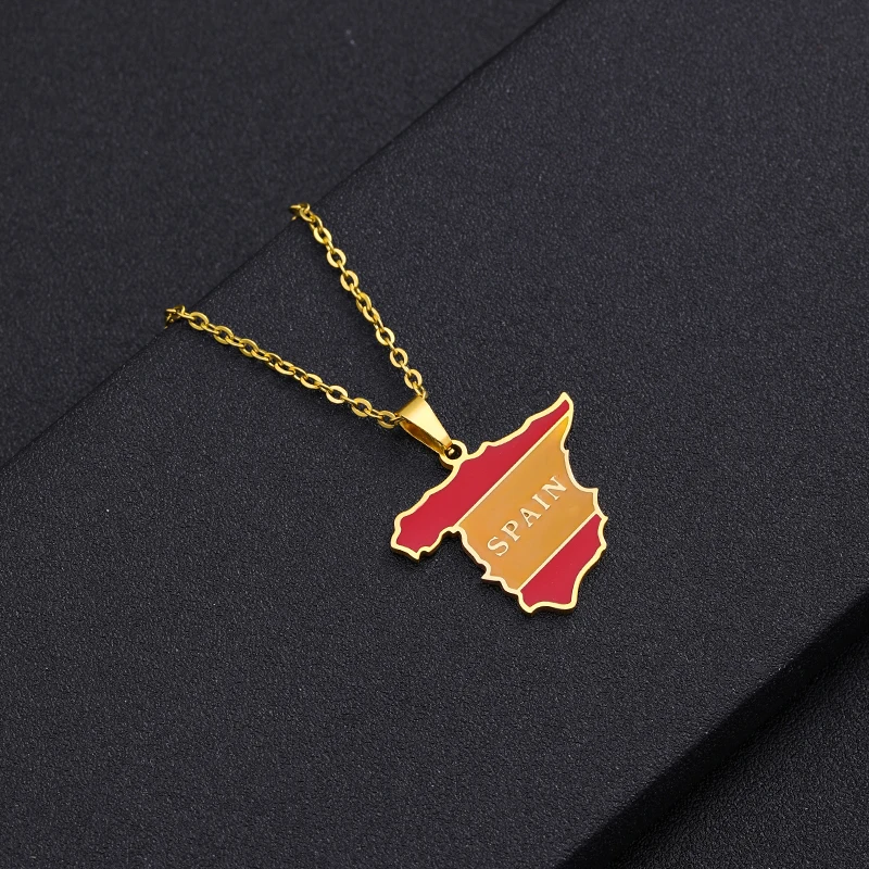 Fashion Spain Map Flag Pendant Necklace Stainless Steel Gold Silver Color Men Women Ethnic Map Jewelry Gift