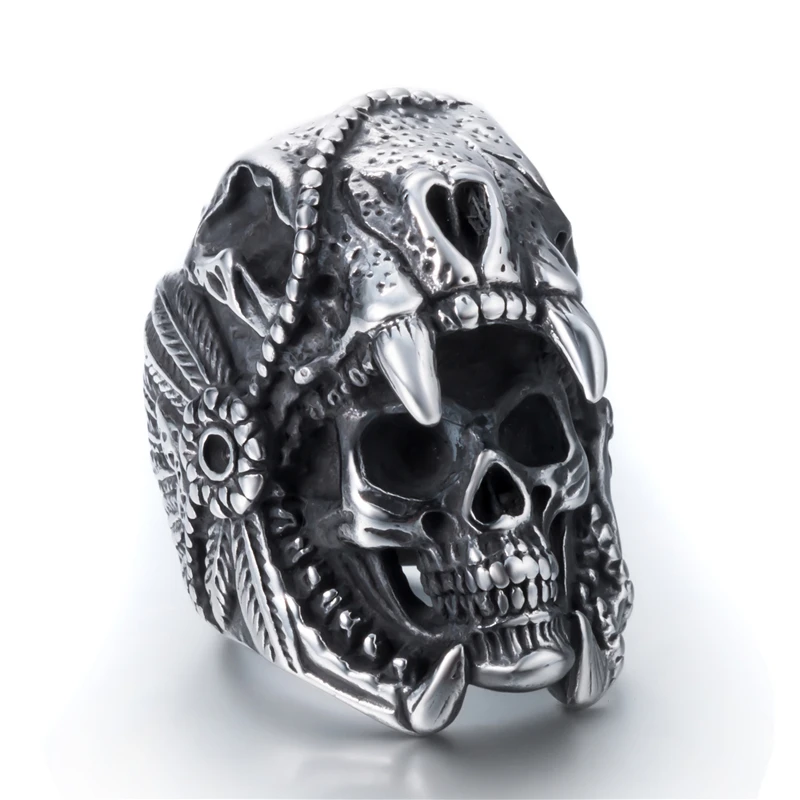 

Cool Mens 316L Stainless Steel Skull Rings Vintage Indian Jaguar Warrior Biker Punk Jewelry Gift for Him