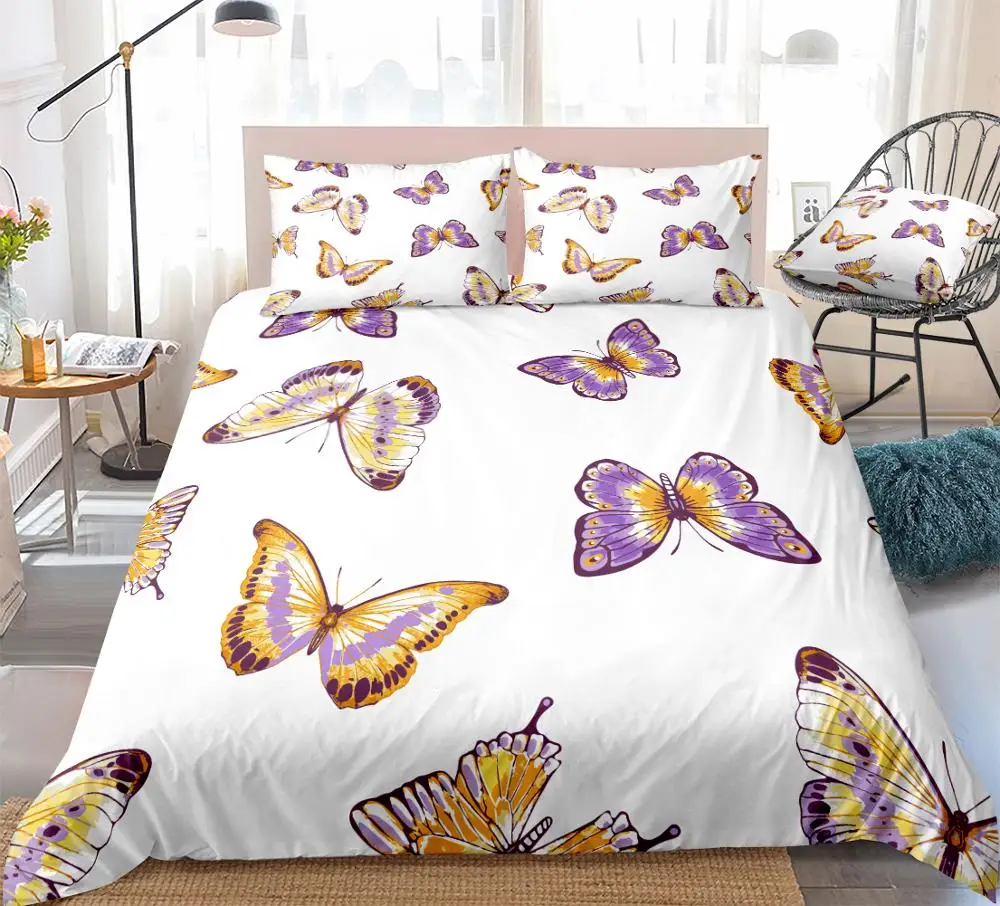 Purple Butterfly Duvet Cover Set Animal Bedding Kids Boys Girls Flying Butterfly Quilt Cover White Bed Set King Dropship Queen