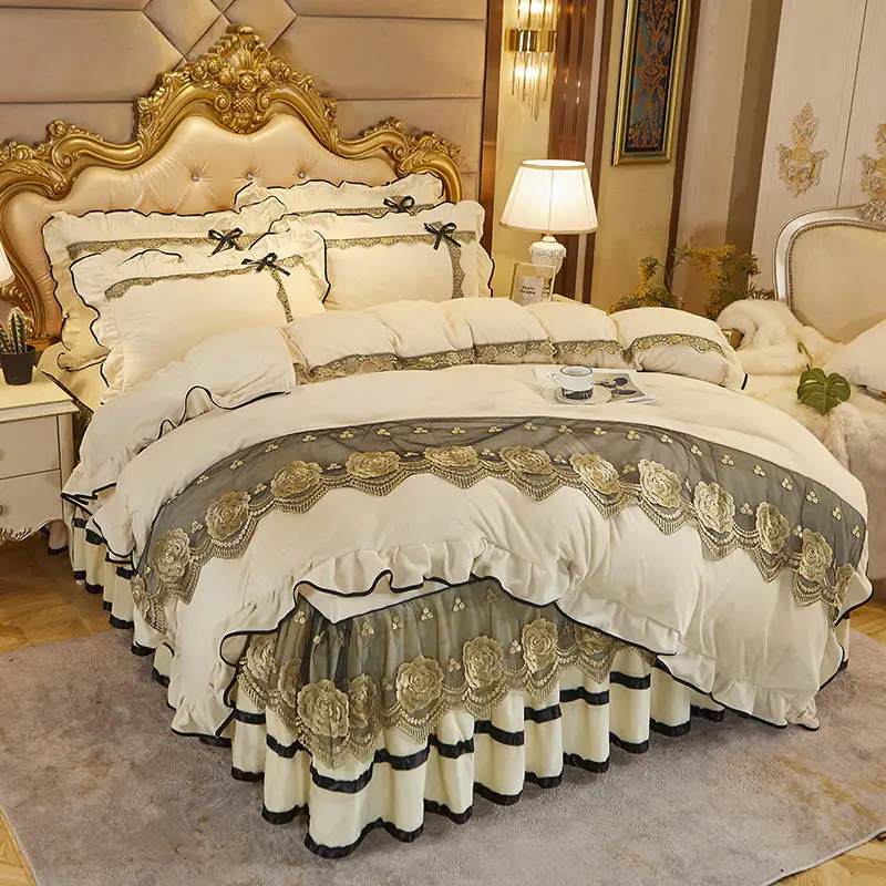 

Super Soft Beige Lace Embroidery Bedding Korean Crystal Velvet Warm Duvet/Quilt Cover Pillowcases Solid Color Home Textiles