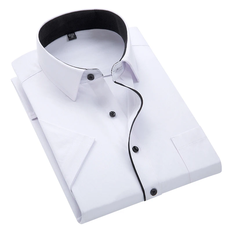 

Size 37-44 Summer Plus size without chest pocket 2019 short sleeve twill solid slim fit men dress shirts easy care black button