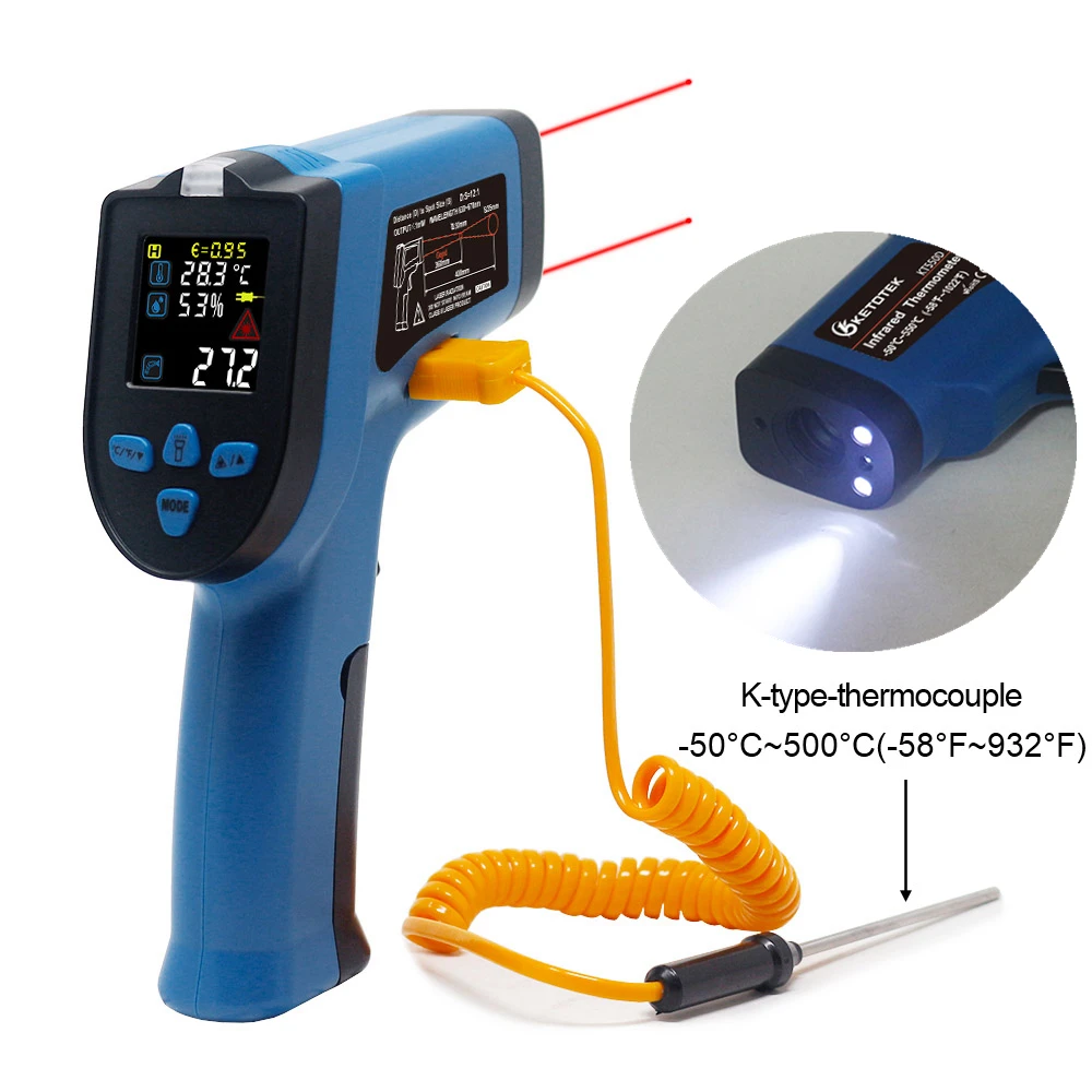 Digital infrared Thermometer Hygrometer Laser Temperature Humidity Meter Gun LCD Pyrometer 550C 0.1-1.0 Adjustable