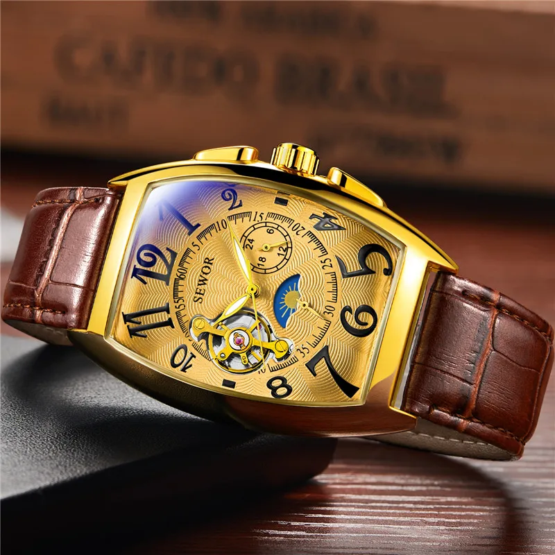 Classic Men Watch Luxury Gold Tourbillon Watches Men Automatic Mechanical Wristwatches Moon Phase Small Seconds Reloj Hombre