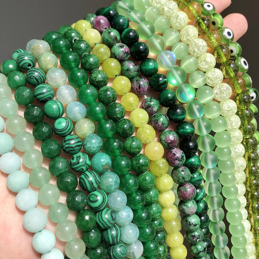 Natural Stone Beads Green Jades Emeralds Peridot Turquoises Round Loose Charms Beads for Jewelry Making DIY Christmas Bracelet