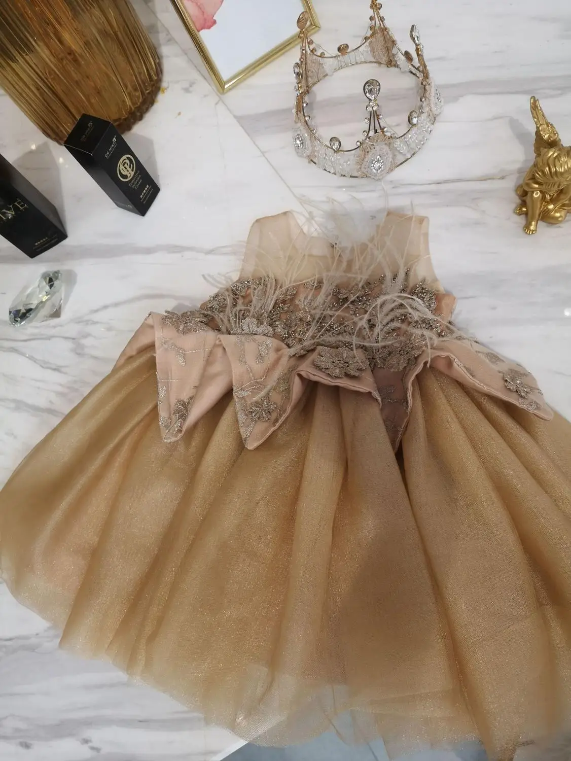 Champagne Baby Baptism Dress Lace Princess Gown Summer Infant 1 Year Birthday Dress Christmas Party Dress Newborn Girl Clothes