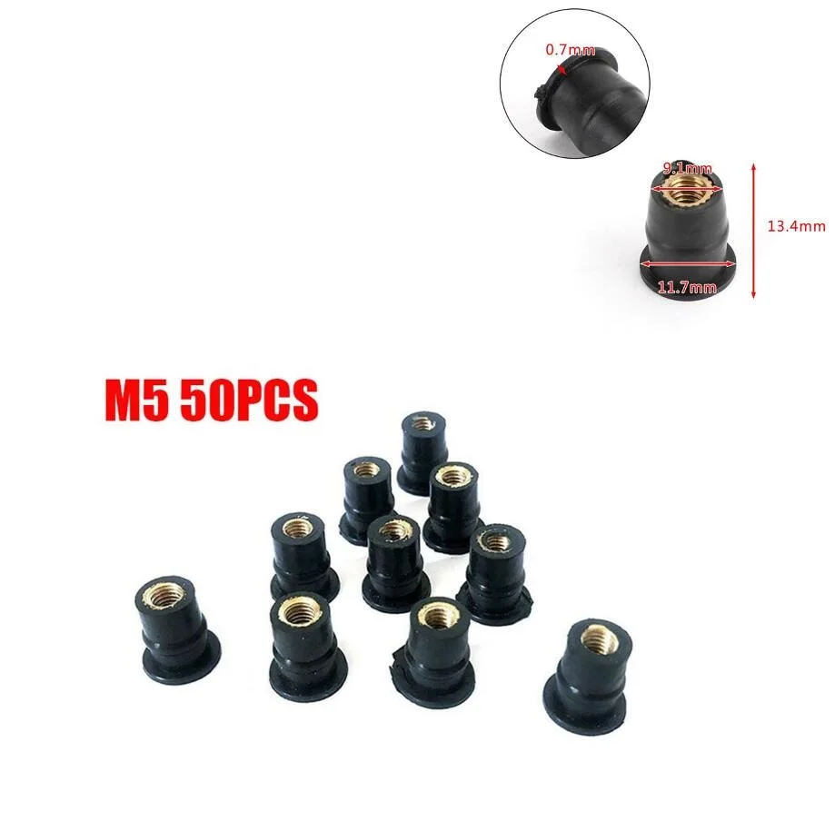 50pcs/Set M5 Bolts Motorcycle Metric Rubber 5MM Well Nuts Windscreen Fairing Cowl Universal Windshield Accessories Universal