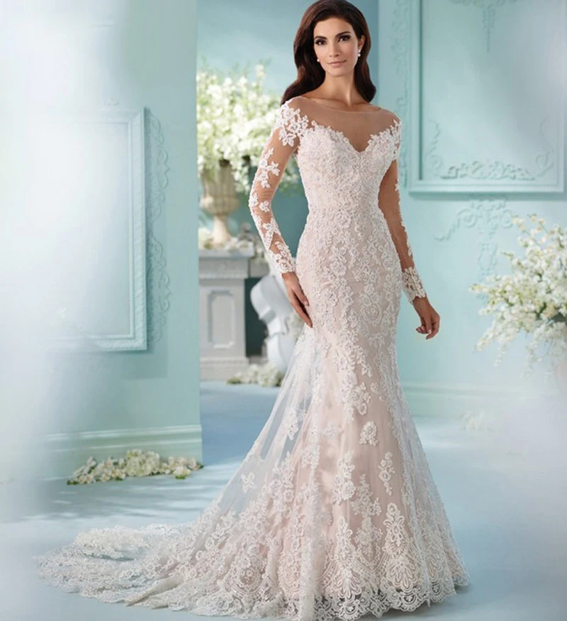 

Vintage Lace Embroidery Appliques Mermaid Long Sleeve Wedding Dress Europe Custom Made Party Dress
