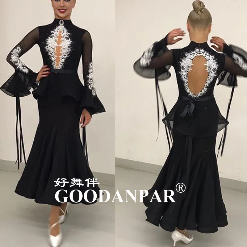 

Платье для бальных танцев GOODANPAR, черное, с расклешенными рукавами
