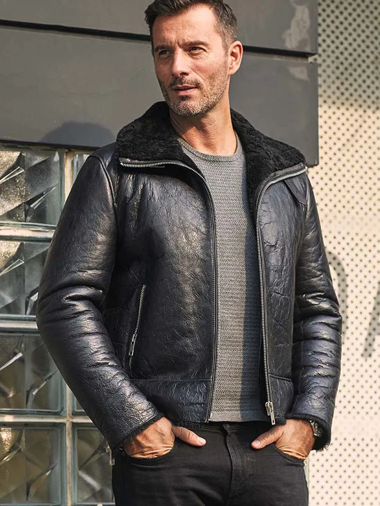 New Mens Shearling Coat Black Leather Jacket Short Fur Outwear Slim Winter Motorcycle Overcoat