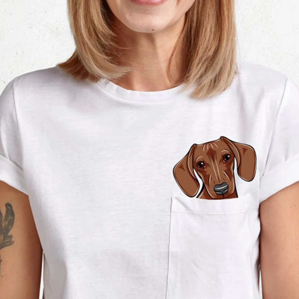 CLOOCL Animals Cotton T-Shirt Dachshund Dog with Middle Finger In The Pocket Funny Printed T-shirt Fashion Hip Hop Cotton Tees