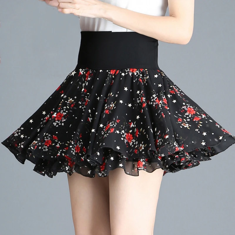 elastic high waist swing floral chiffon black pleated short skirts womens kawaii japanese school girl mini skirt skorts C474