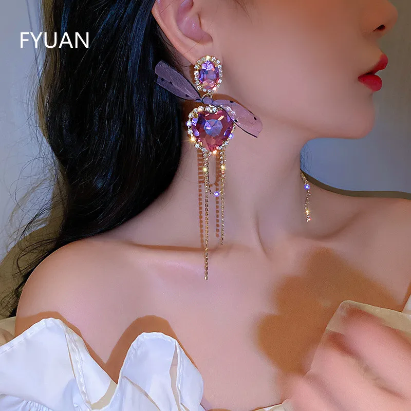 

FYUAN Big Purple Heart Crystal Earrings for Women Bijoux Long Tassel Geometric Rhinestone Dangle Earrings Statement Jewelry