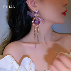 FYUAN Big Purple Heart Crystal Earrings for Women Bijoux Long Tassel Geometric Rhinestone Dangle Earrings Statement Jewelry