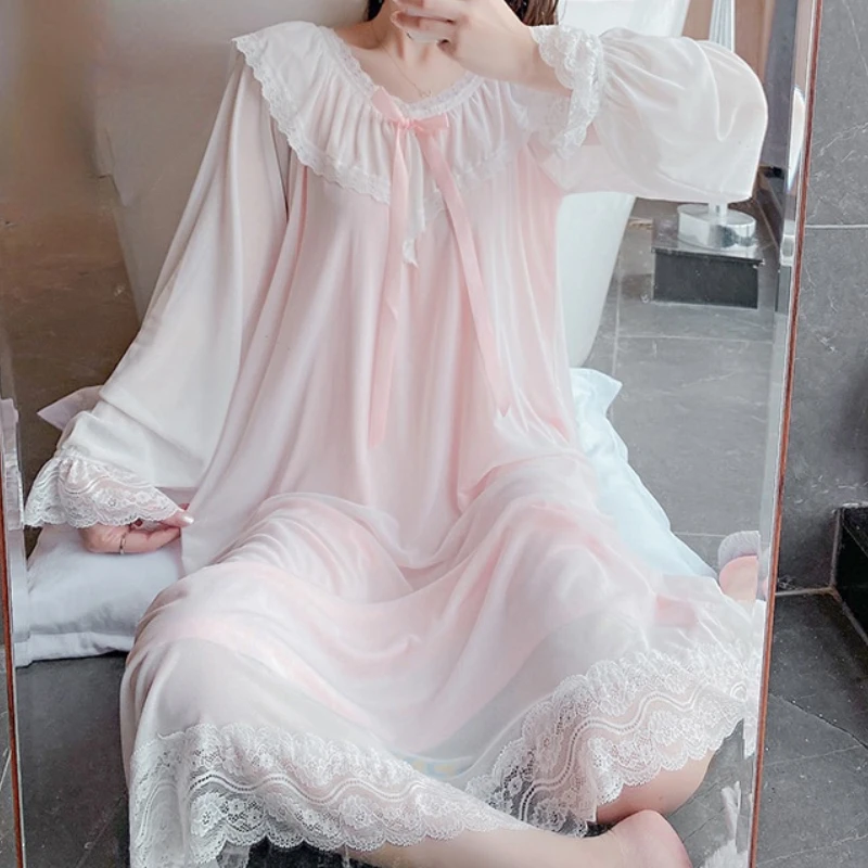 Fairy Night Dress Women Long Sleeve Lace Peignoir Kawaii Girl Romantic Vintage Nightgown Victorian Nightdress Princess Sleepwear