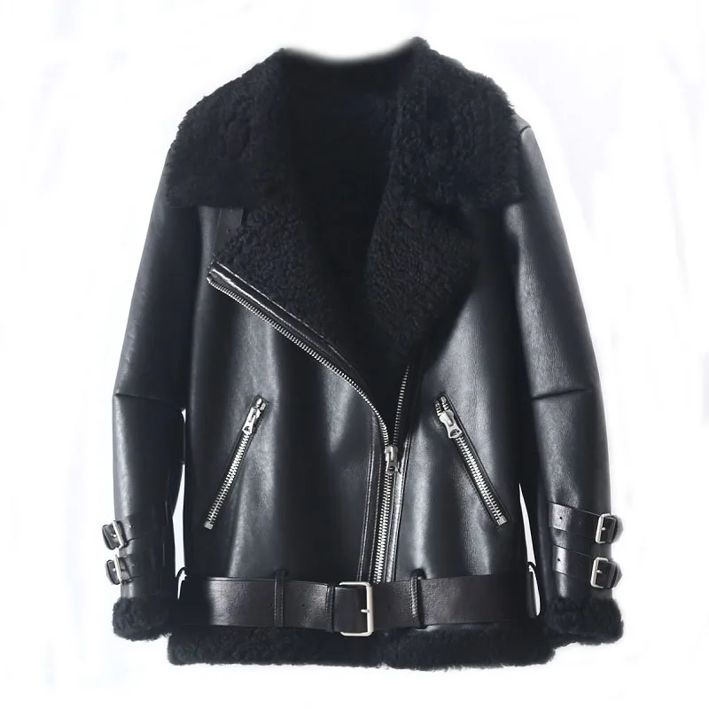 

Real Merino Sheep Fur Genuine Leather Double-faced Fur Coat Winter Jacket Women Moto Biker Thick Warm Natural Luxury