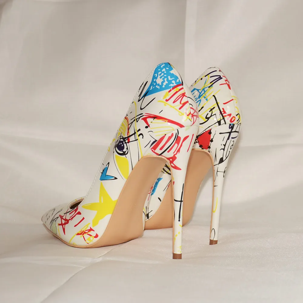 Veowalk Artistic Graffiti Printed Women Sexy Stiletto High Heels Ladies Wedding Party Pointed Toe Pumps Shoes Customized Accept