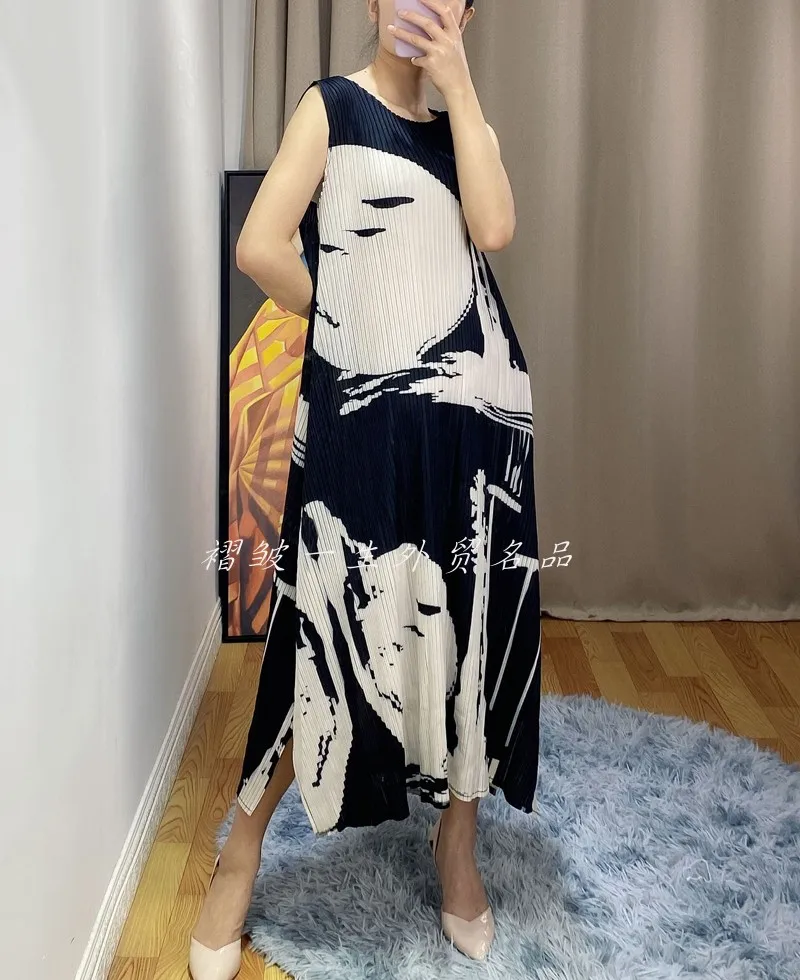 Changpleat-Women's Miyak Pleated Dresses, Loose, Large Size, Printed, A-line, New, Spring, Summer, Fashion, Tide