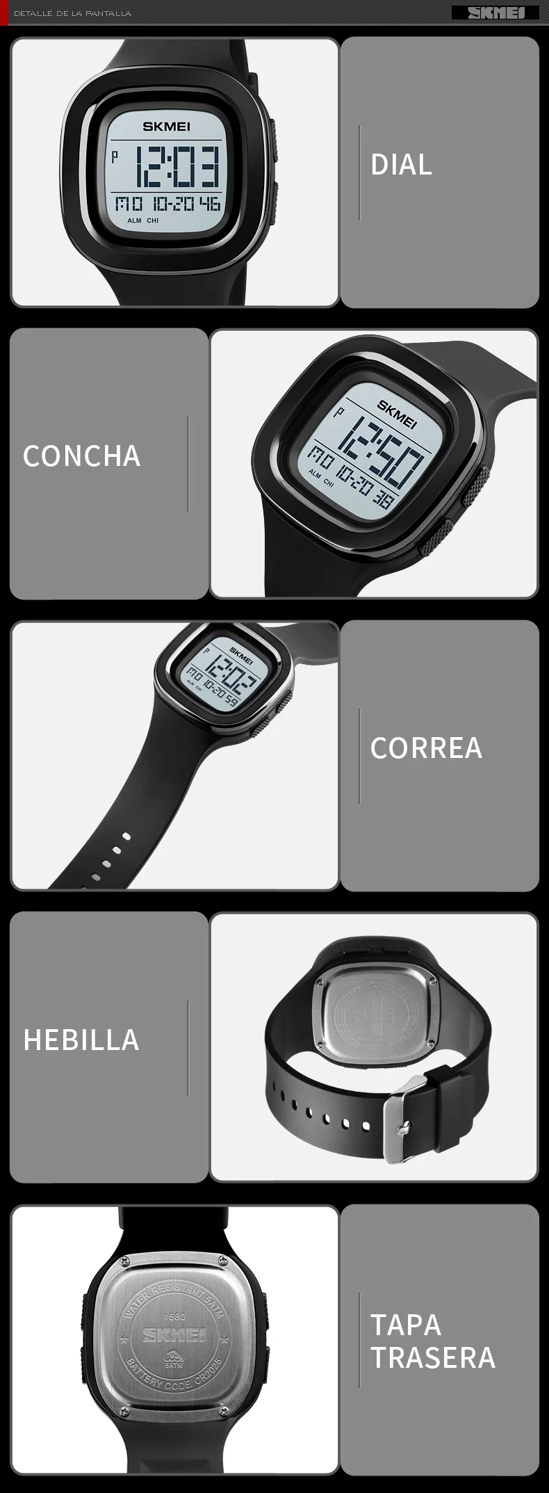 Reloj Deportivo Digital SKMEI Cuadrado Para Hombres con Correa de Cuero PU Banda Ancho 22mm Movimiento Digital Carreras Crónicas 12/24 Horas - details 3
