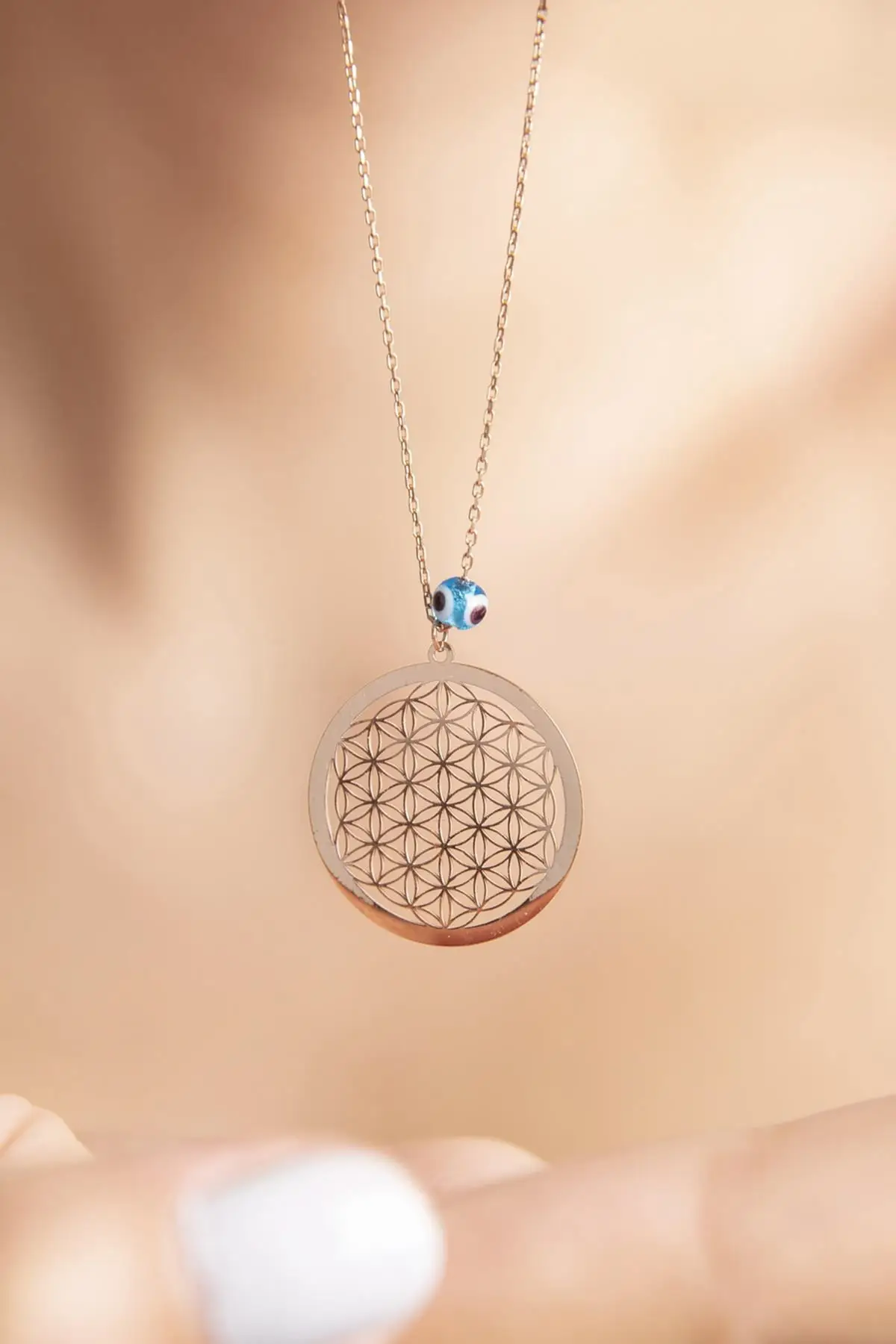 Flower of life with Evil eye Rose Plated 925 Sterling Silver Necklace