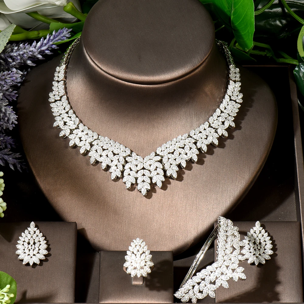 HIBRIDE Luxury AAA Cubic Zirconia Micro Pave Big Leaf Design Necklace Earring Set Dubai Jewelry Sets Women Bridal African N-1924