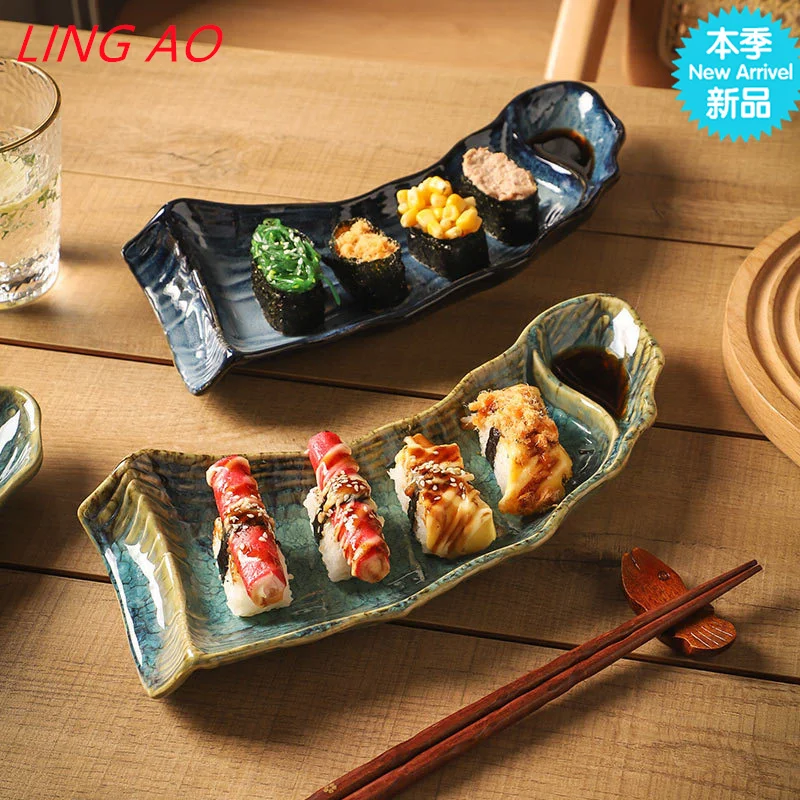 LingAo-Japanese Creative Ceramic Dish, Long Plate for Sushi, Western Food, Snack