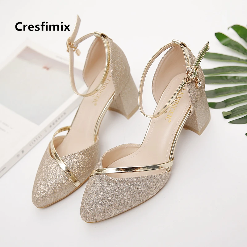 Cresfimix bridal sexy wedding party square heel pumps for ladies women fashion golden high heel shoes silver high heels a5574