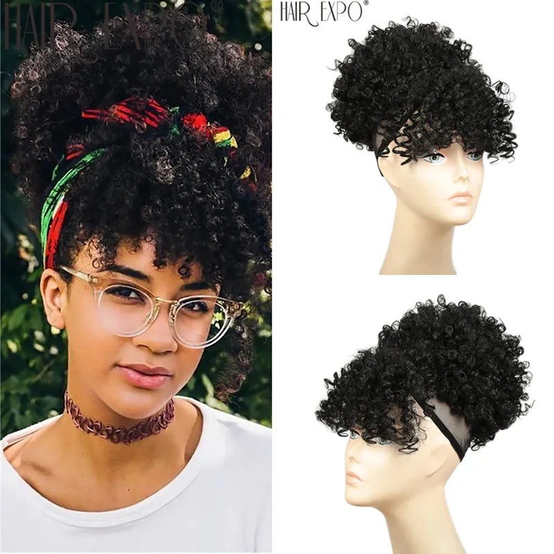 High Puff Afro Kinky Curly Synthetic Ponytail With Bangs Short Chignon Hair Extension Drawstring Clip Hair For Black/White Women