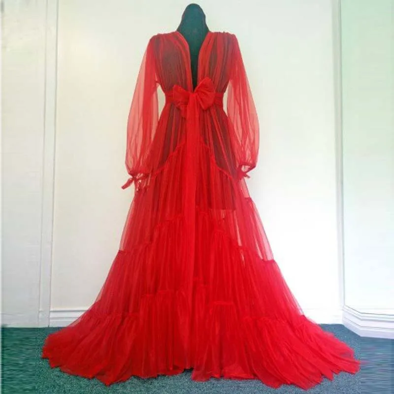 Robe De soirée rouge longue et bouffante pour femmes, tenue De bal, transparente, avec nœud décoratif