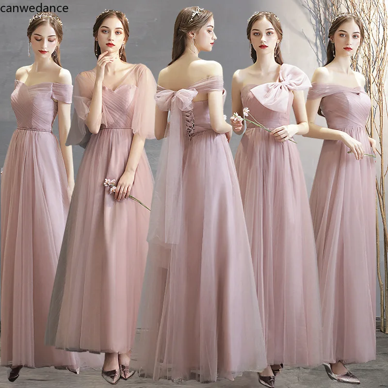 

V Neck Bridesmaid Dresses Long Bandage Backless Gowns for Women Elegant 2021 A Line Tulle Pink Party Dress for Wedding